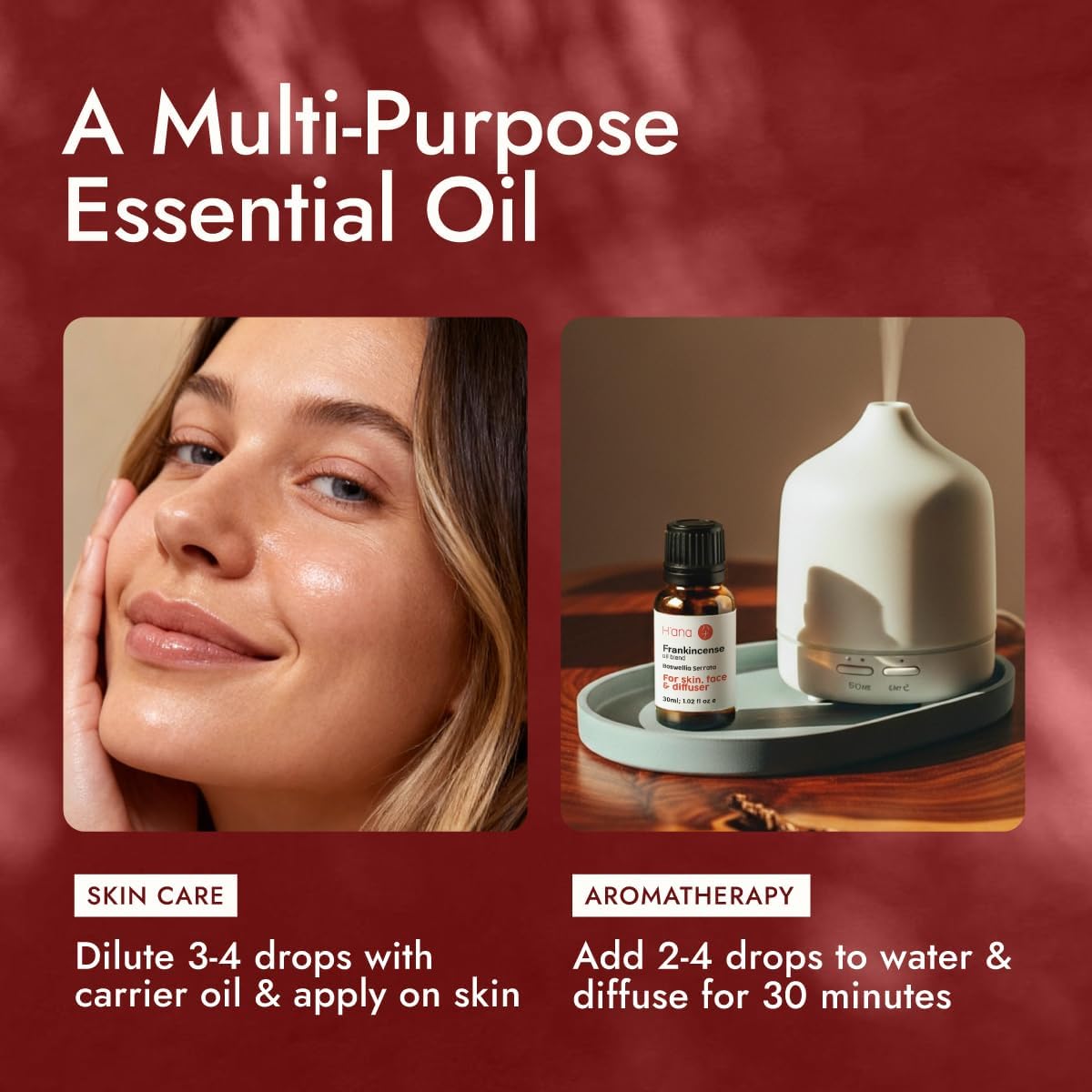 H'ana Frankincense Oil - 1.02 Fl Oz Frankincense Essential Oil for Hair, Skin, Diffuser, Aromatherapy & DIY