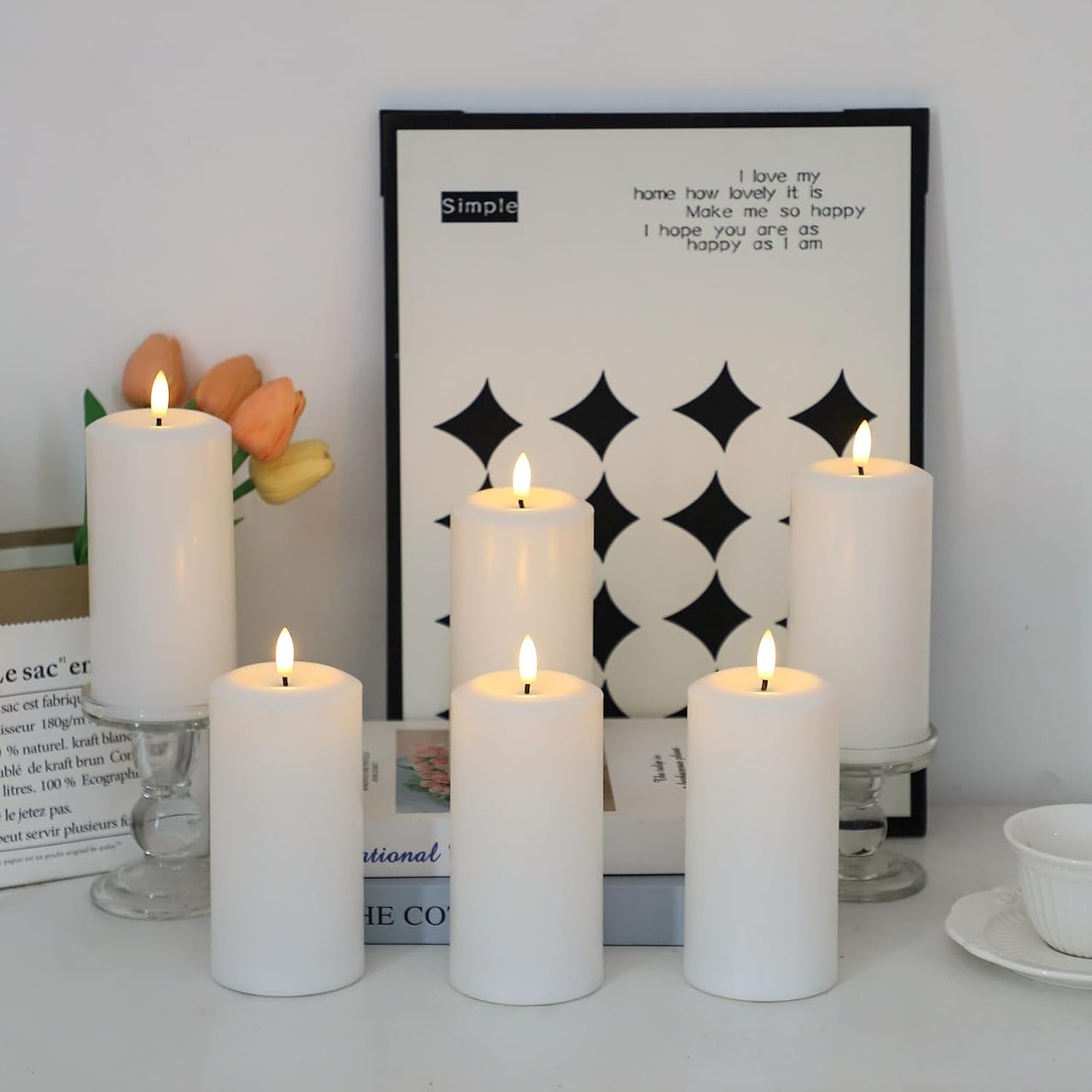 Flameless Candles Battery Operated with Remote and 2/4/6/8 H Timer, 6pcs Flickering Fake Electric Candles for Festival Wedding Home Party Decor (D3 x H 6") (White)