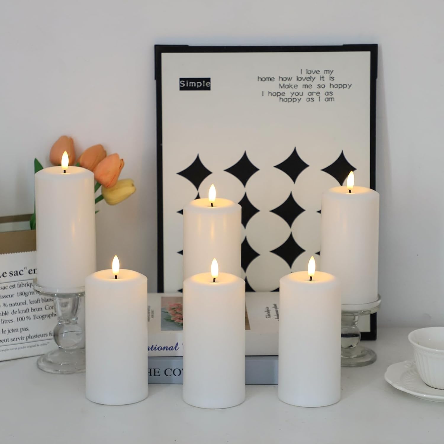 Flameless Candles Battery Operated with Remote and 2/4/6/8 H Timer, 6pcs Flickering Fake Electric Candles for Festival Wedding Home Party Decor (D3 x H 6") (White)