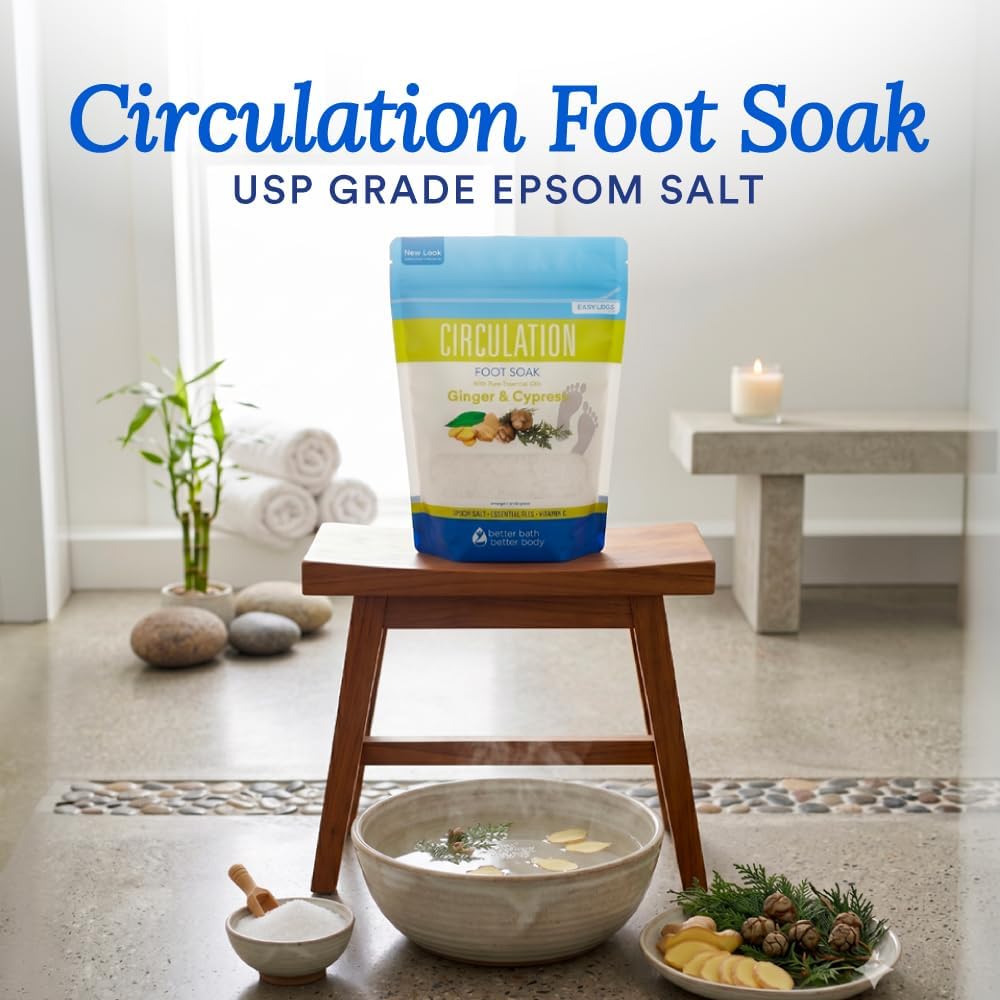Circulation Foot Soak 32 Ounces (2 Lbs) Epsom Salt with Pure Essential Oils Ginger and Cypress Essential Oils Plus Vitamin C in BPA Free Pouch with Easy Press Lock Seal