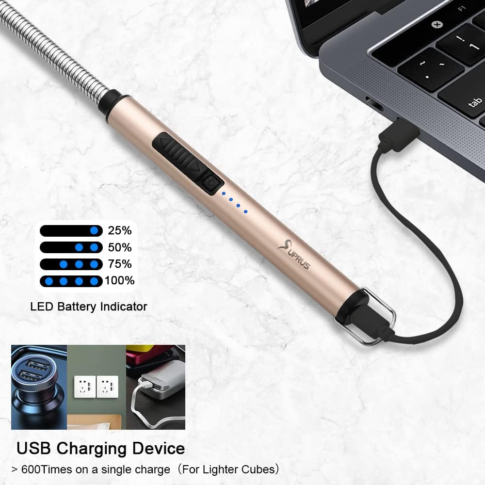 SUPRUS Electric Candle Lighter USB Type C Rechargeable Lighter Steel Shell & Hanging Hook with 360° Flexible Neck