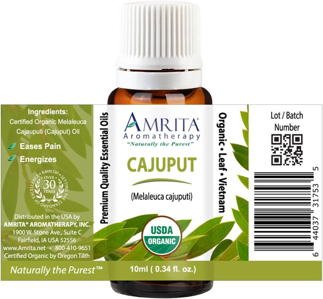 Organic Cajuput Essential Oil - Melaleuca cajuputi - 100% Pure Undiluted & Therapeutic Grade, Premium Quality Aromatherapy Oils, Tested & Verified - 10ML : AMRITA Aromatherapy