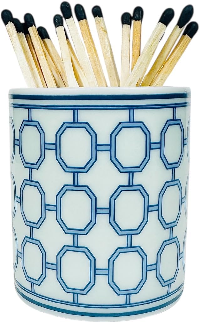 Hapton House Chinoiserie Long Match Holder with Striker – Tall Design for 3", 4", 5" Matches – Rare Vintage Style Soft Blue Porcelain with Cobalt Chinoiserie Patterns – MATCHES NOT INCLUDED (Style A)