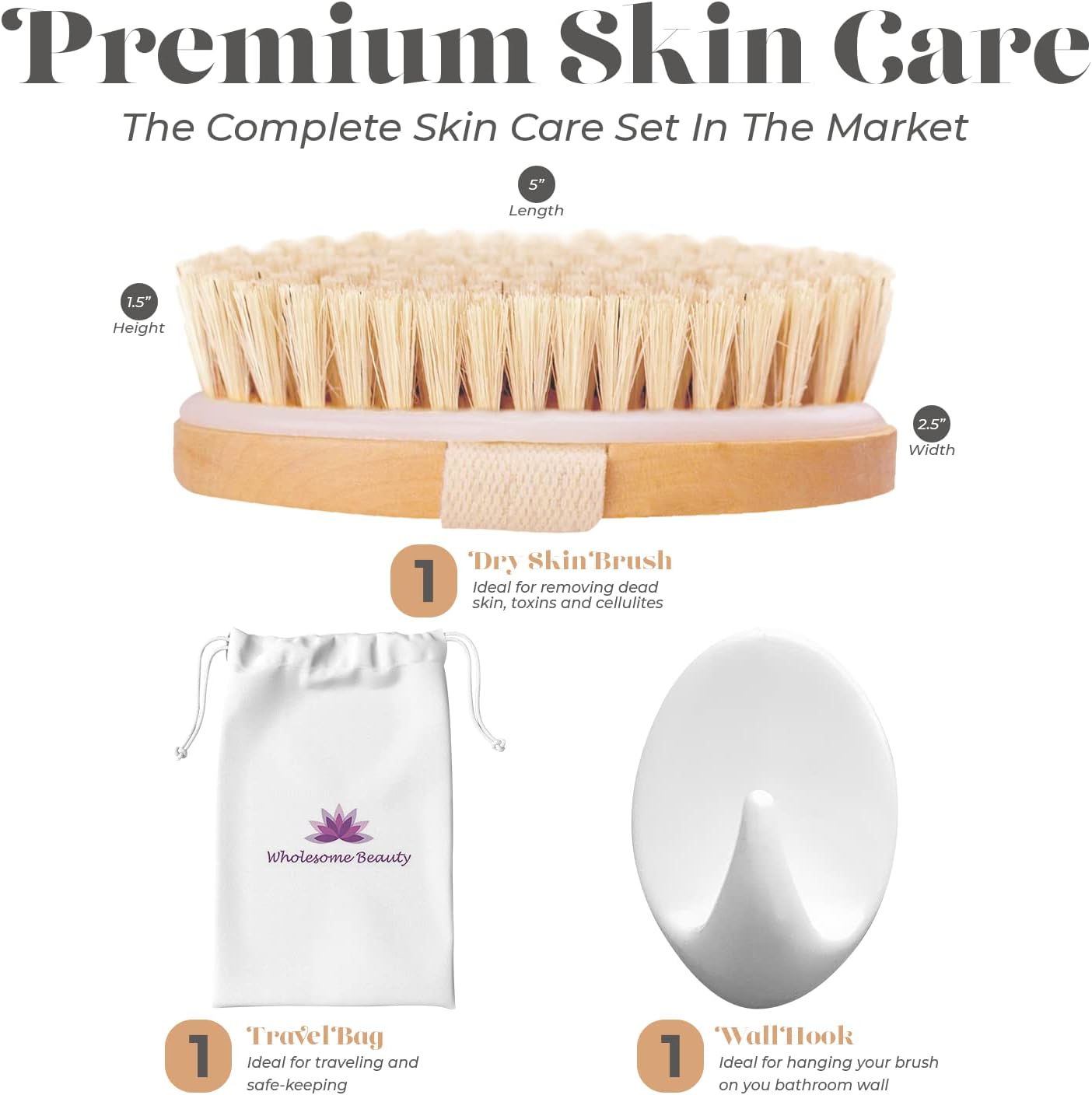 Dry Skin Body Brush - Improves Skin's Health and Beauty - Natural Bristle - Remove Dead Skin and Toxins, Cellulite Treatment, Improves Lymphatic Functions, Exfoliates, Stimulates Blood Circulation