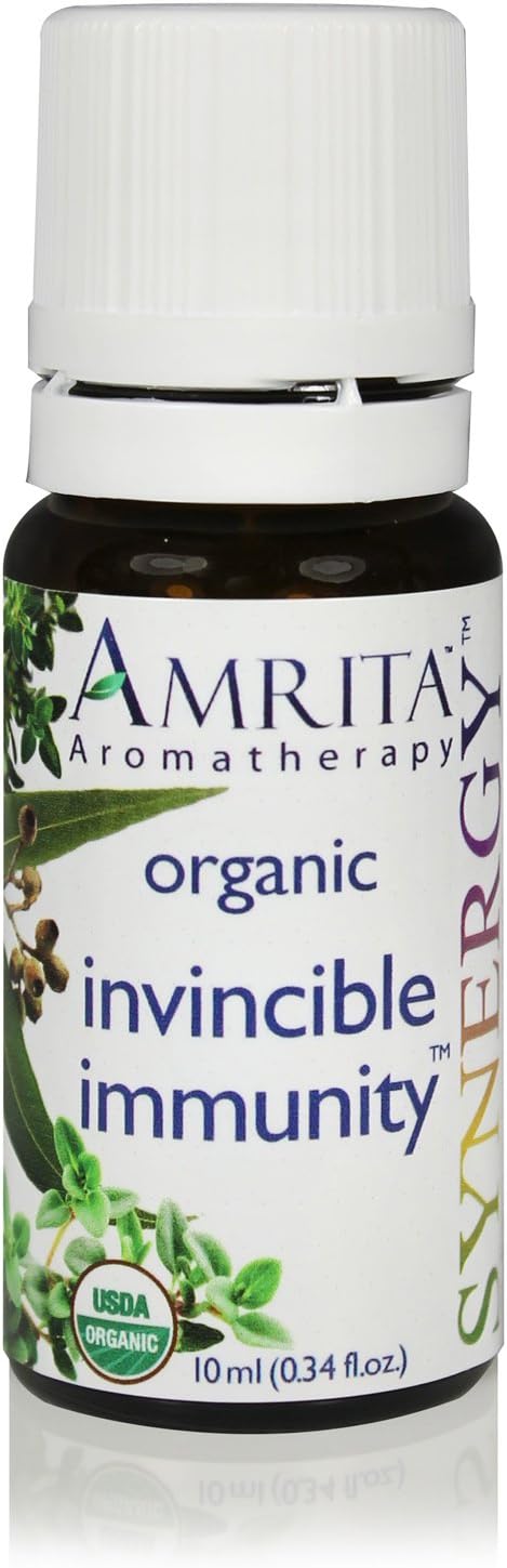 AMRITA Aromatherapy: Invincible Immunity Synergy Blend - Organic Essential Oil Blend of Bay Laurel, Thyme Borneol, Thyme Linalol, Red Thyme, Eucalyptus Radiata, Tea Tree, & Oregano Size: 10ML