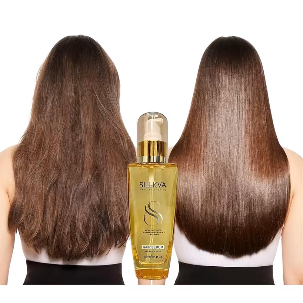 SILLKVA PROFESSIONAL Argan Oil Hair Serum 2.4oz for All Hair Types with Vitamin Essence Smooths Frizz Moisturizes & Enhances Shine - Best Gift
