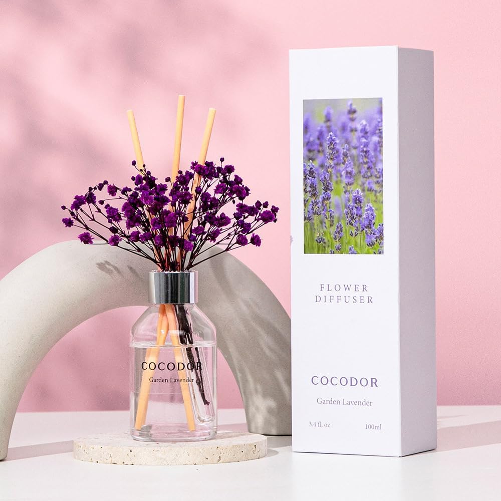 COCODOR Flower Reed Diffuser Set / 3.4oz / Garden Lavender/Scent Diffuser with Sticks Home Fragrance Reed Diffuser for Bathroom Shelf Decor