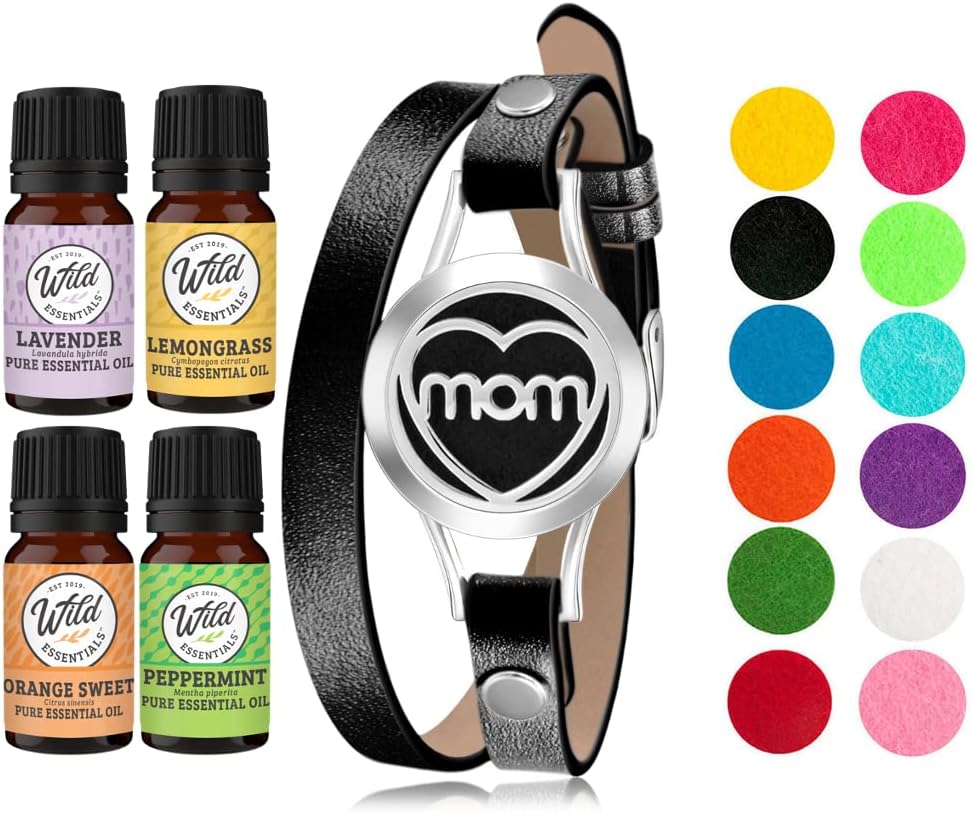 Wild Essentials MOM Essential Oil Leather Wrap Bracelet Diffuser Kit, Gift Set, Lavender, Lemongrass, Peppermint, Orange Oils, 12 Pads, Customizable Color Changing Perfume Jewelry, Aromatherapy