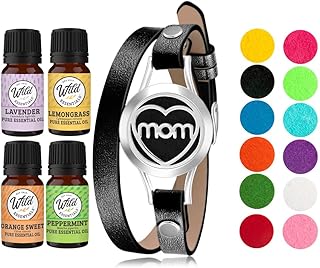 Wild Essentials MOM Essential Oil Leather Wrap Bracelet Diffuser Kit, Gift Set, Lavender, Lemongrass, Peppermint, Orange Oils, 12 Pads, Customizable Color Changing Perfume Jewelry, Aromatherapy