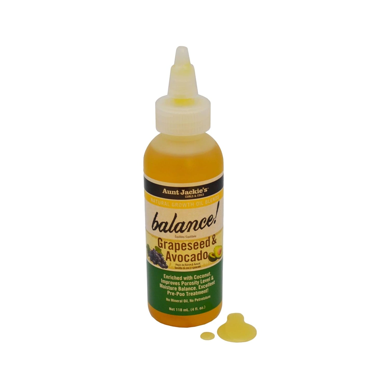 Aunt Jackie's Natural Growth Oil Blends Balance - Grapeseed and Avocado, Pre-Shampoo Treatment, Improves Porosity and Moisture Balance, 4 oz