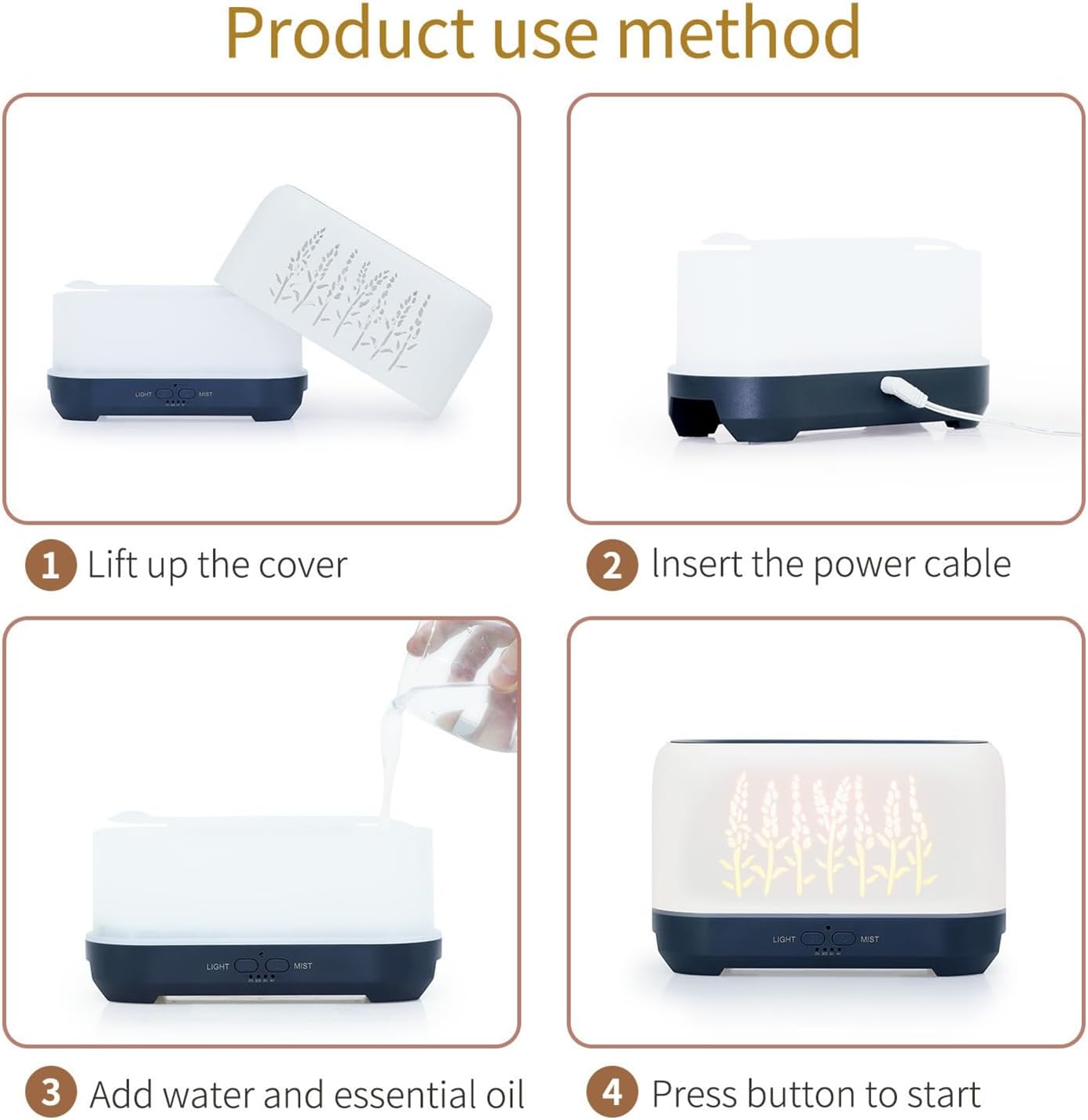 Essential Oil Diffuser, Wood Flame Humidifiers for Bedroom, 200ml Waterless Auto-Off, 2 Mist Mode 4 Timer Up, Remote Control (White)