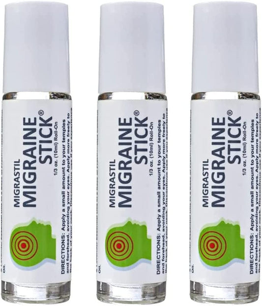 Basic Vigor Migrastil Migraine Stick Rollon - Fast Cooling Comfort for Your Head 3-Pack. Aromatherapy with Peppermint & Other