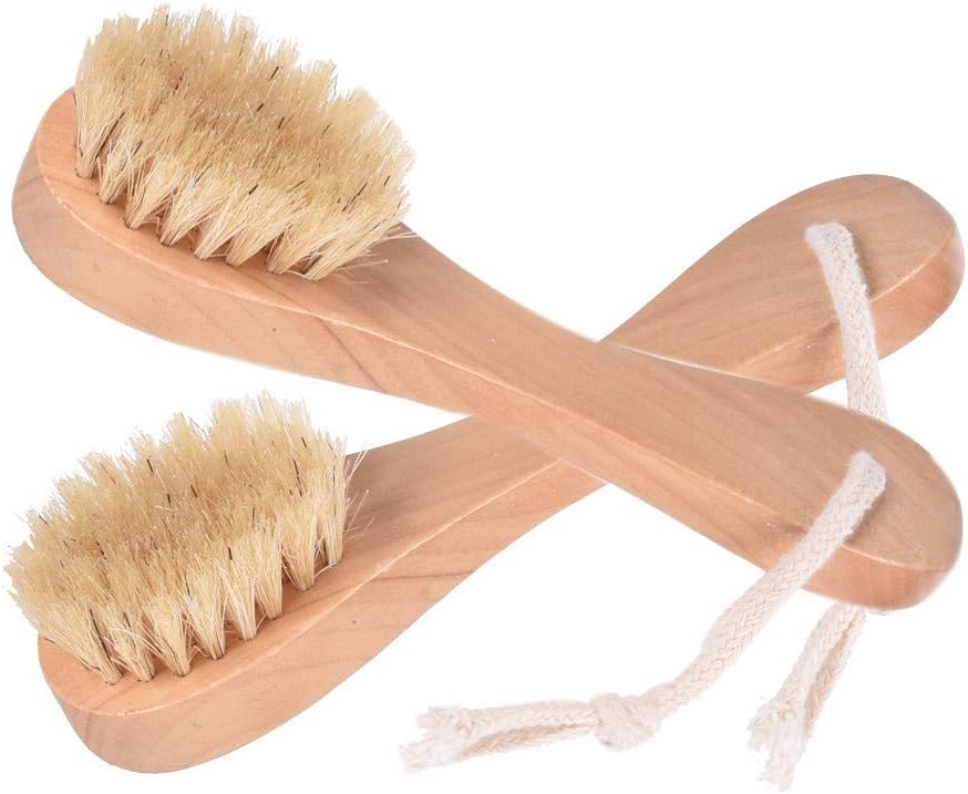 Natural Bristles Wooden Face Cleaning Brush Wood Handle Facial Cleanser Nose Scubber Exfoliating Facial Skin Care Pack of 2