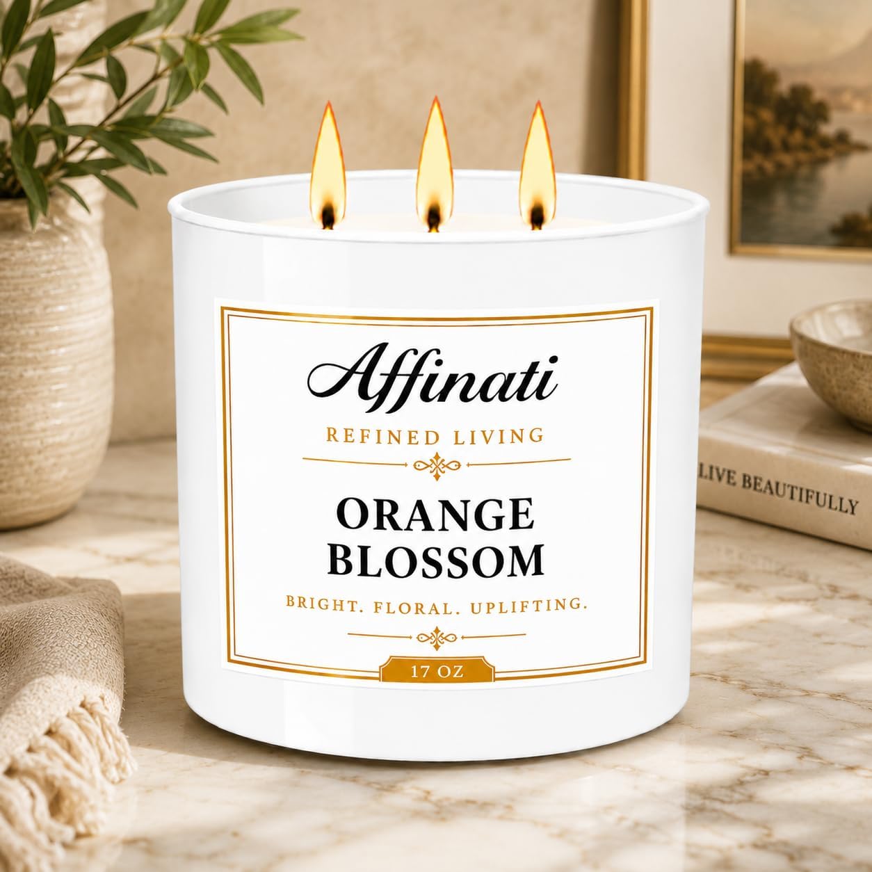 Affinati Orange Blossom 3-Wick Scented Candle – Large Soy Blend Candle, Strong Scent Throw Bright Citrus Floral Aromatherapy Candles, Clean Burning Luxury Home Fragrance Gift