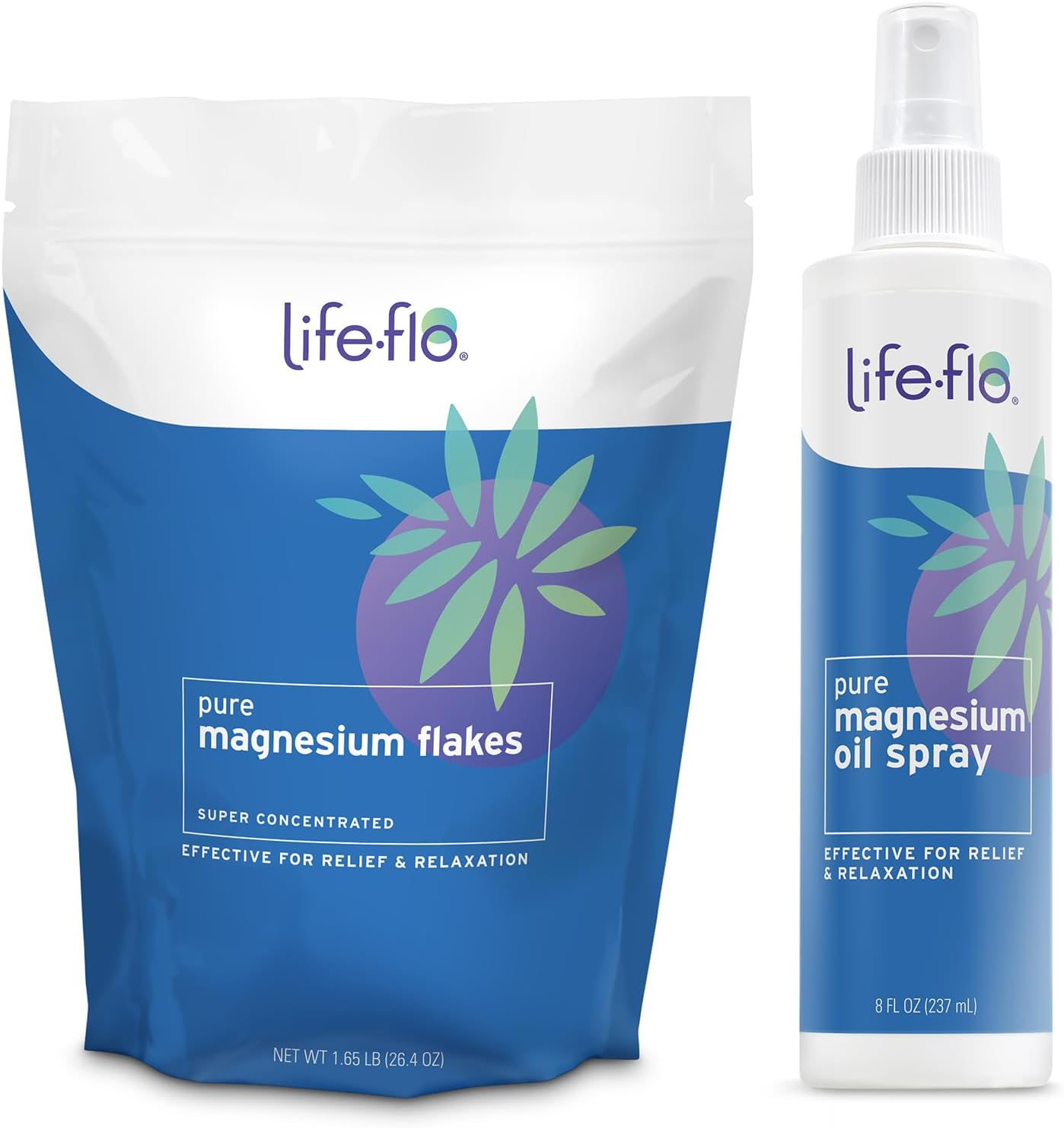 Life-flo Pure Magnesium Oil Spray and Magnesium Bath Flakes - Pure Magnesium Chloride from the Zechstein Seabed - Relief and Relaxation Bundle, Soothes Muscles and Joints, 60-Day Guarantee, 8oz/26.4oz