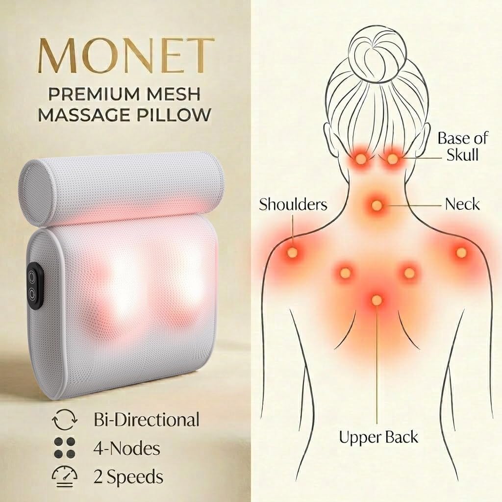 MONET Massaging Bath Pillow — Shiatsu Neck and Back Massager for Tub with 2 Speeds — IPX8 Waterproof Deep Kneading Comfort — 4 Massage Nodes USB-C Rechargeable — Spa Gift for Women — Fits All Tubs