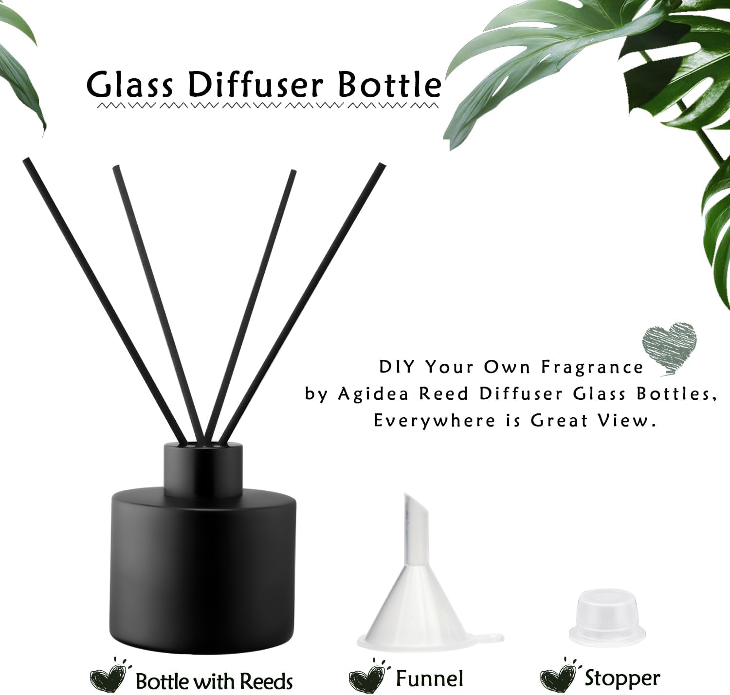 4PCS 100ML Glass Diffuser Bottles Black, Refillable Empty Perfume Fragrance Reed Bottles with 20pcs Reeds Sticks & Caps & Funnel, Diffuser Jars for DIY Fragrance Oil Wedding Party Decoration Gift