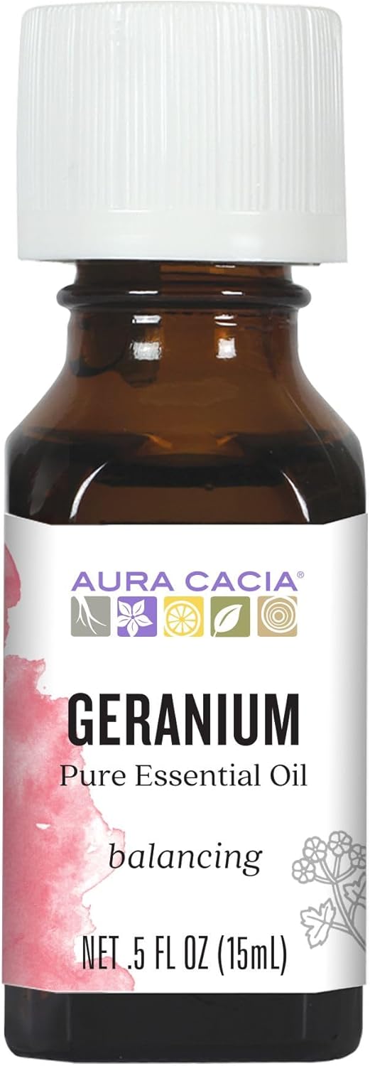 Aura Cacia 100% Pure Geranium Essential Oil | GC/MS Tested for Purity | 15 ml (0.5 fl. oz.) | Pelargonium graveolens
