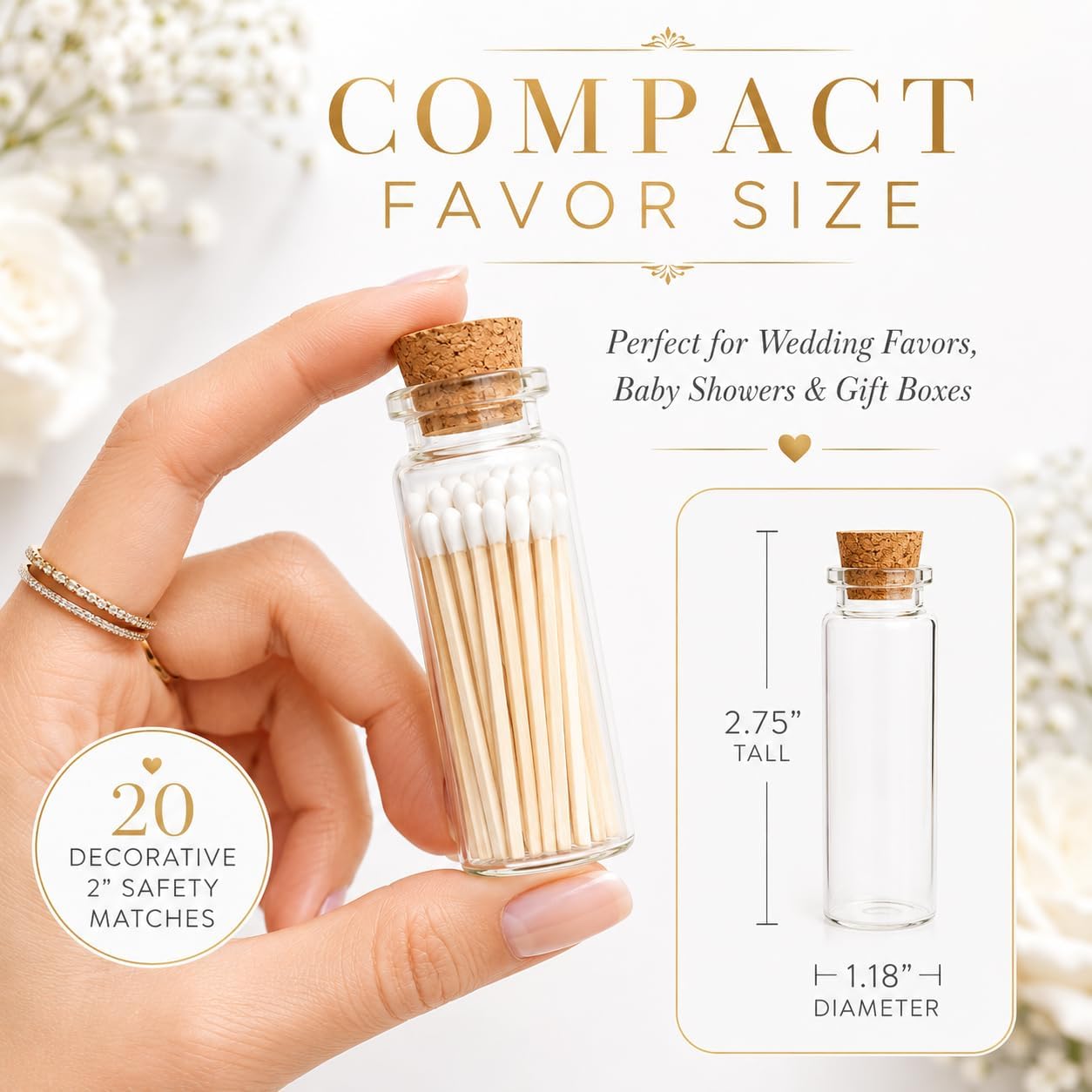 2" White Safety Matches in Glass Jar | Wedding Favor Bottles | 20 Matchsticks per Bottle, Cork Top & Striker, Decorative