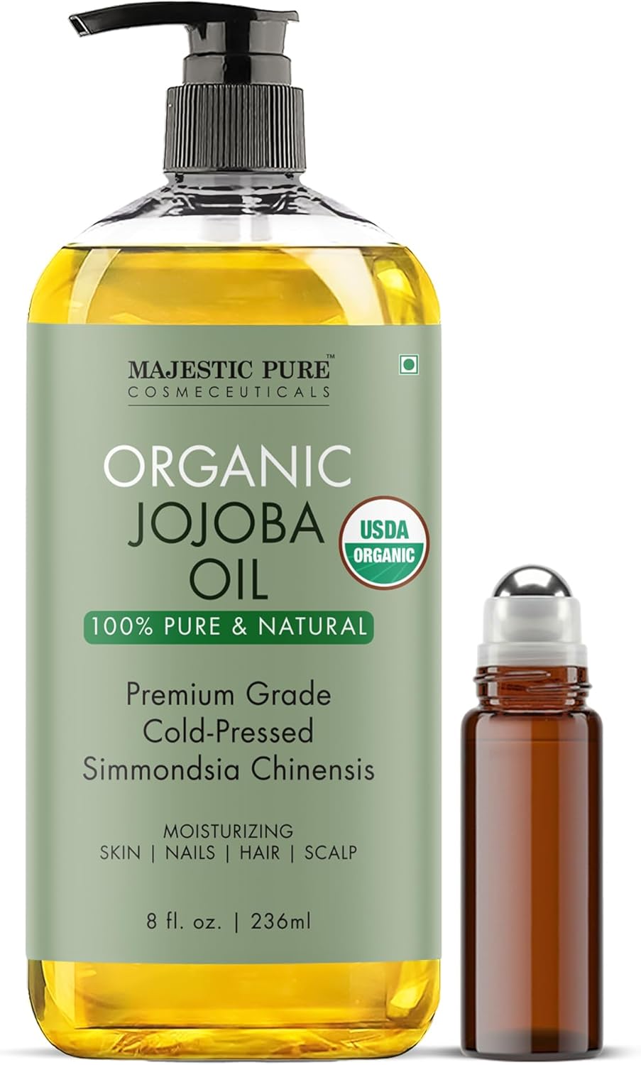 Majestic Pure Oil - 100% Pure and Natural- Cold Pressed & Hexane Free Natural Hair Growth Oil for Eyelashes, Eyebrows, Skin, Body, Face, Nails & Scalp - Jojoba Oil with Roll On 8 Fl Oz