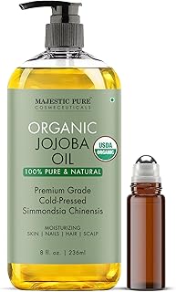 Majestic Pure Oil - 100% Pure and Natural- Cold Pressed & Hexane Free Natural Hair Growth Oil for Eyelashes, Eyebrows, Skin, Body, Face, Nails & Scalp - Jojoba Oil with Roll On 8 Fl Oz