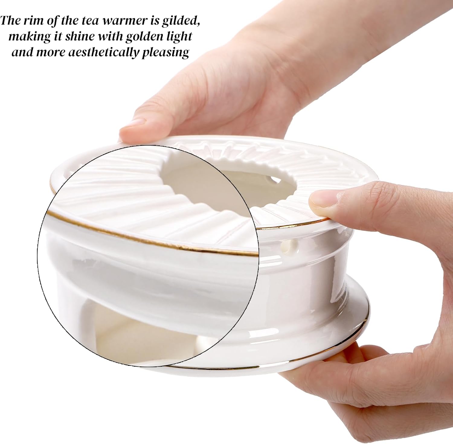Ceramic Teapot Warmer, Gold Rim Teapot Heater with Tealight Holder, White Porcelain Tea Kettle Holder Warming Base for Heating Coffee, Milk, Water, Soup