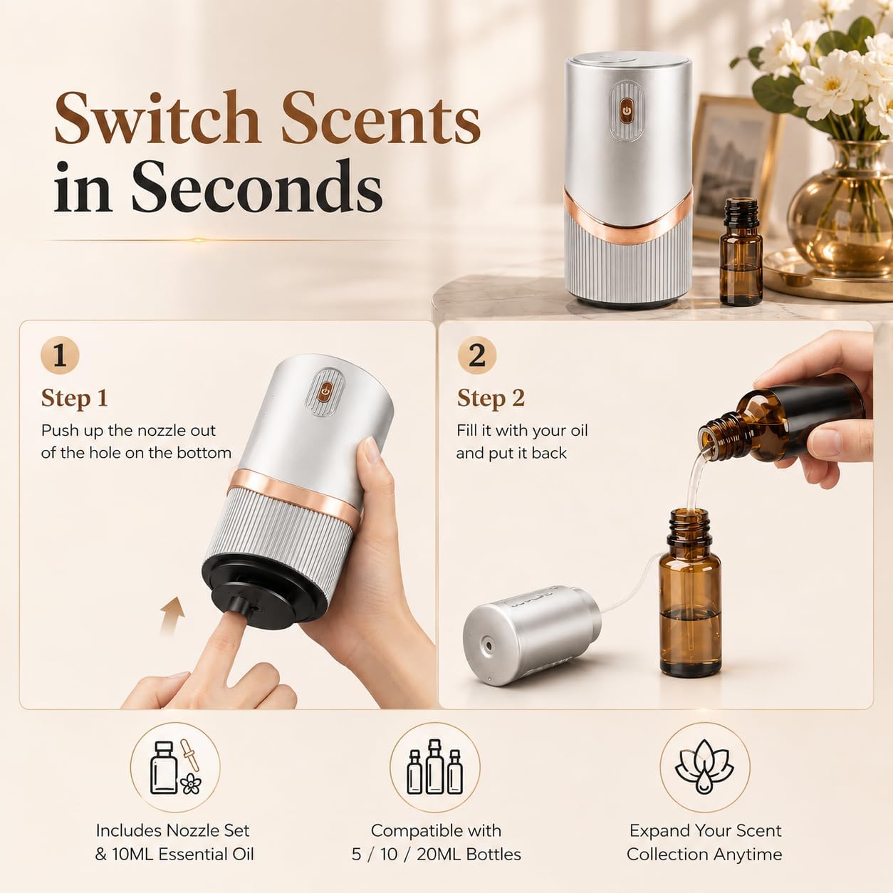 Waterless Diffuser for Home, Car Air Freshener, Home Scent Diffuser, Pura Diffuser with Timer & 4 Mist Levels,Space Grey