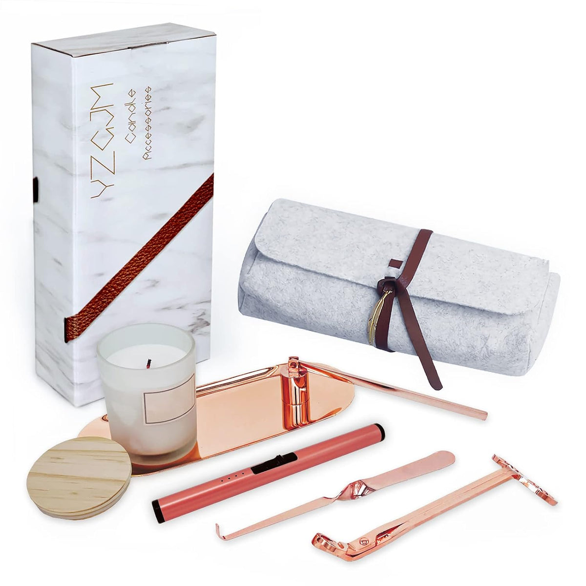 Exquisite Candle Accessories Tool Pack Bag, Rechargeable Electric Lighter， Wick Trimmer, Dipper, Snuffer and Tray Holder