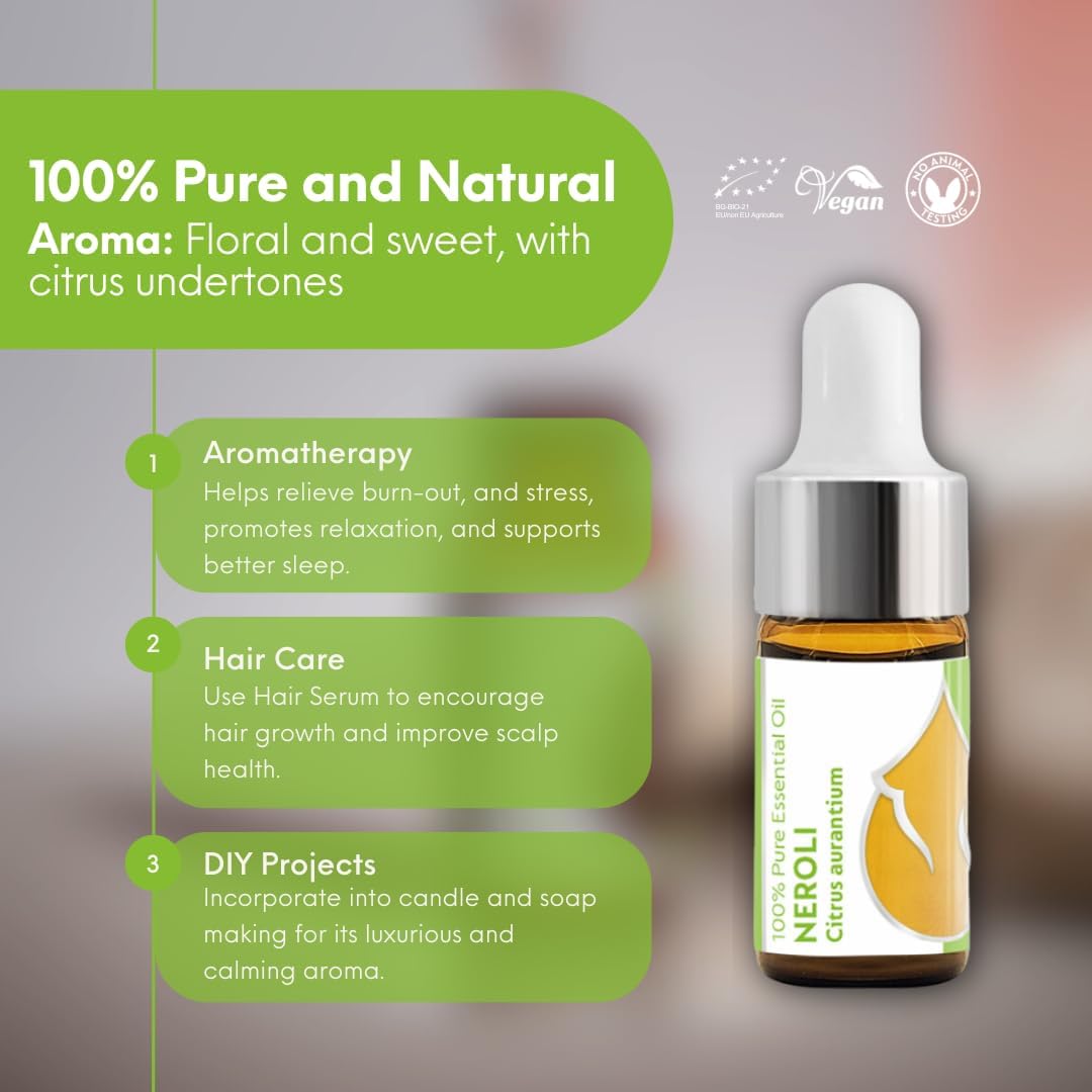 Essences Bulgaria Organic Neroli Essential Oil 0.1 Fl Oz | 3ml | Citrus aurantium | 100% Pure and Natural | Undiluted | Therapeutic Grade | Aromatherapy | Cosmetics | Cruelty Free | Non-GMO | Vegan
