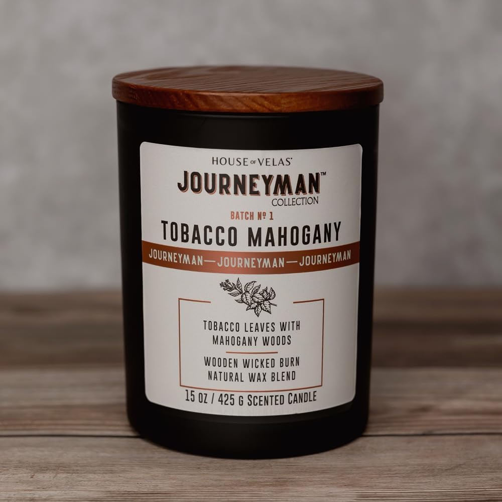 House of Velas Journeyman Collection Candle, 15oz, Wooden Wick, Tobacco Mahogany, Large Painted Jar