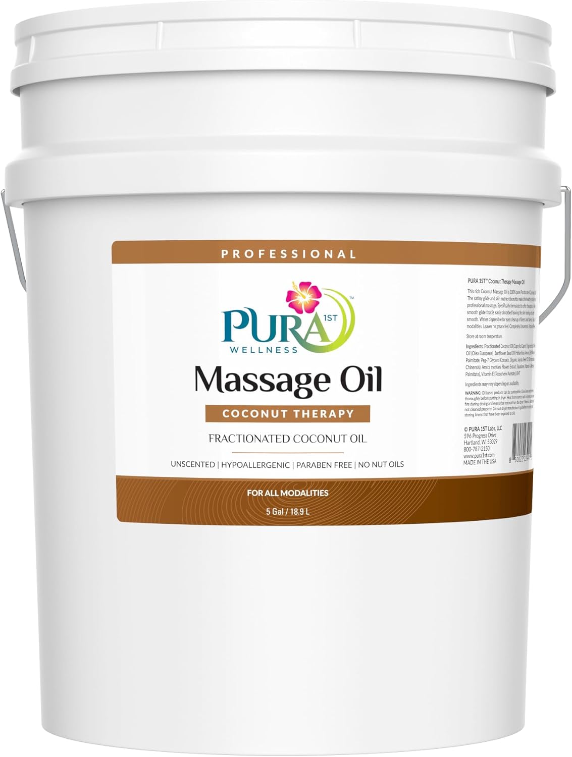 Coconut Therapy 5 Gallon Massage Oil, Coconut Oil, Professional, Massage Therapy, Deep Tissue, Unscented, Natural Ingredients, Skin Hydrating, Moisturizing, Muscle Relief, for Bruising