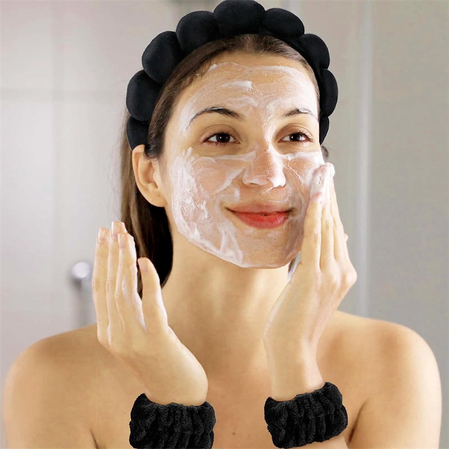 Spa Headband and Wristband Set for Women,Terry Cloth Sponge Headband for Washing Face,Makeup,Facial Mask and Skincare (Black, One Size)