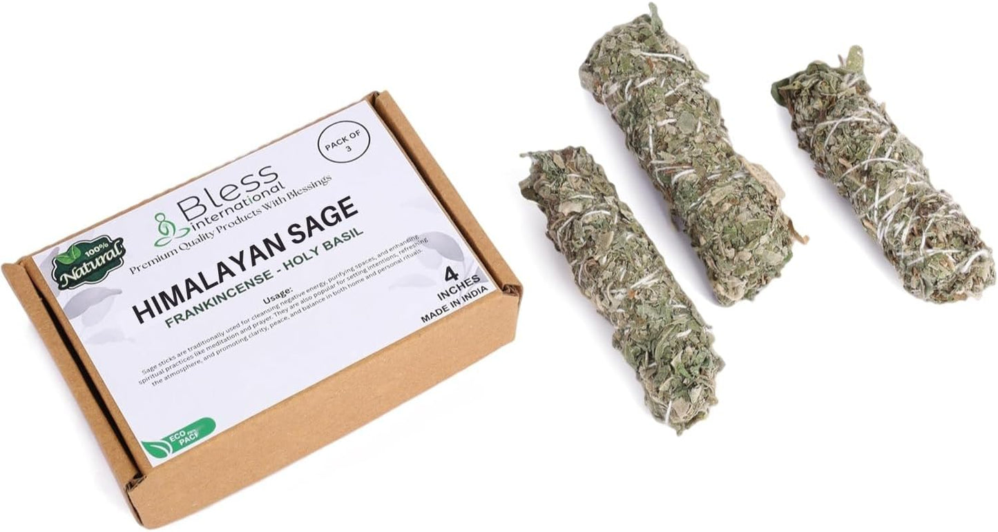 Bless-International Himalayan-Sage-Holy-Basil-Frankincense-Incense Premium-100%-Natural-and-Organic Handcrafted-4-Inches-Long Used-for-Home-Cleansing-Meditation-Smudging-Rituals