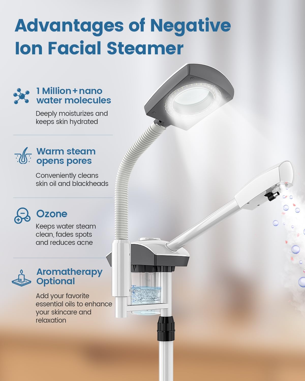 Professional 2-in-1 Facial Steamer with 5X Magnifying Lamp, Salon Grade Hot Mist Esthetician Device, Adjustable Timer, 2 Steam Levels, 3-Level LED Light, White