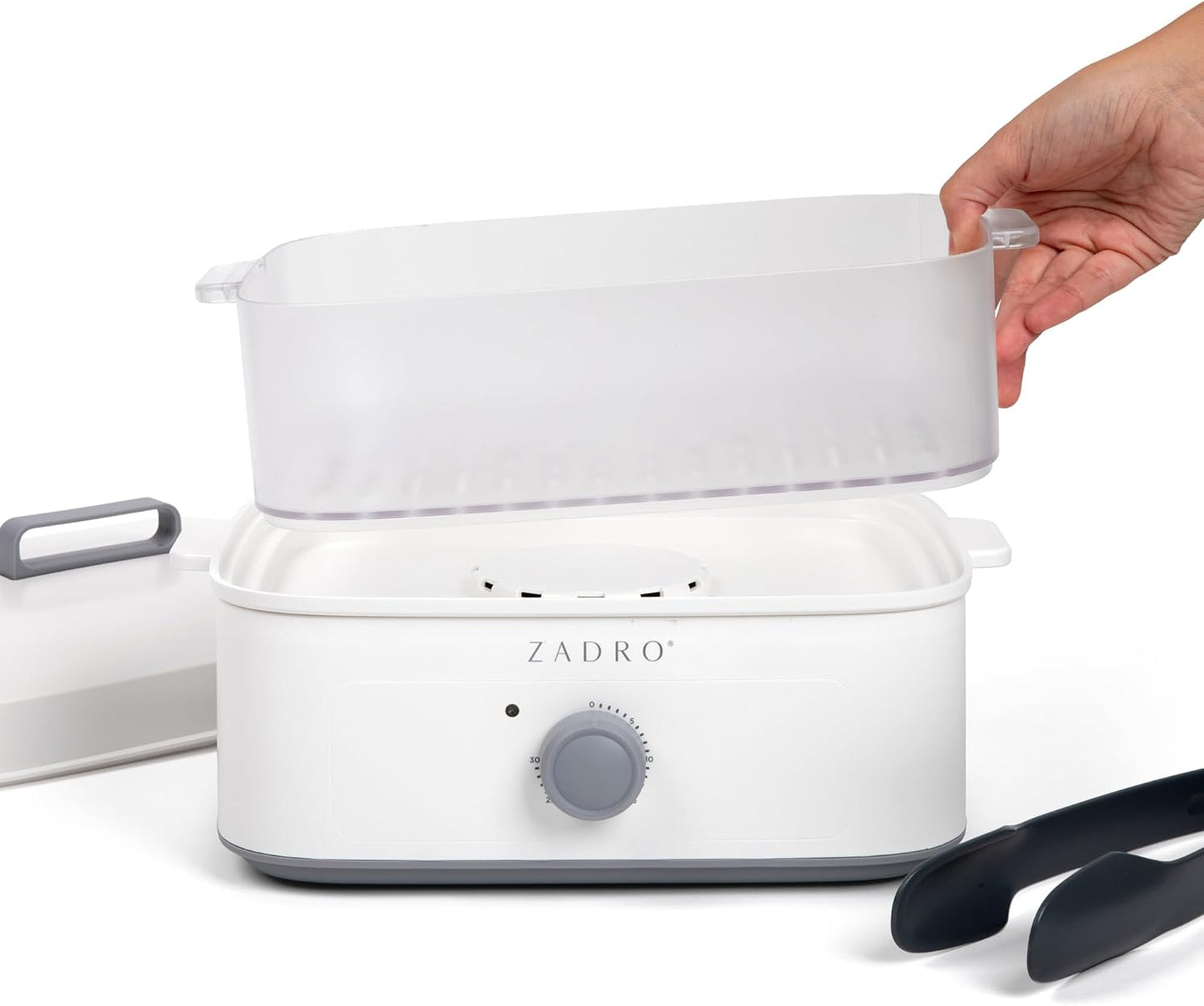 Zadro Towel Steamer with Tongs, 850W Heater, 8L Tray, 1.7L Tank, 30-min Timer for Facials, Manicures, Pedicures, Shaving (13"x12", 120V/850W, 8L, White/Gray)