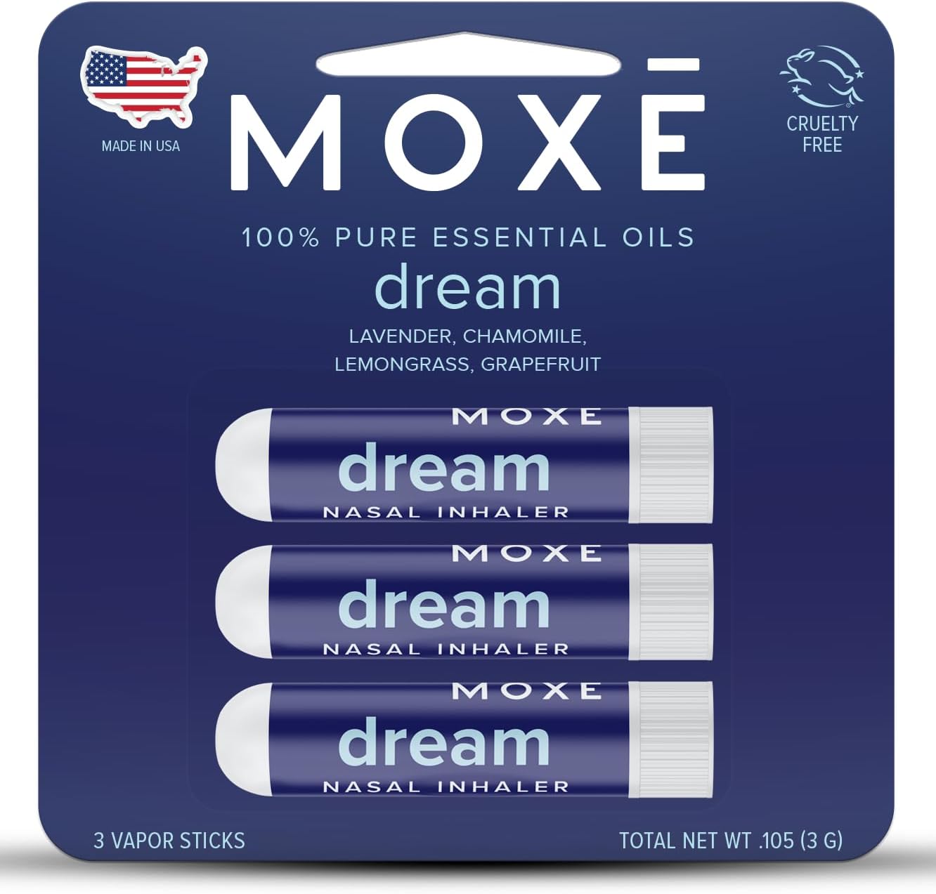 MOXĒ Dream Nasal Inhaler, Essential Oil Blend, Calming, Relaxing, Natural Tension Calmness, Soothing Fragrance, Lavender, Chamomile, Lemongrass, Grapefruit, Made in USA (3 Pack)