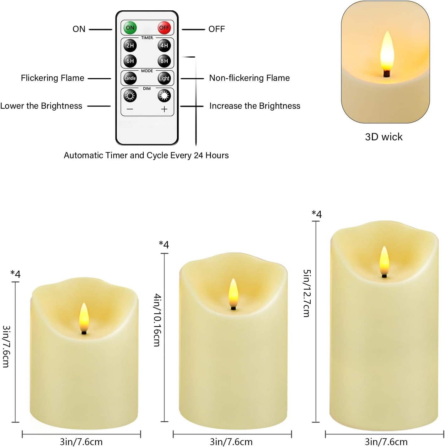 kakoya Flameless LED Candles Battery Operated with Remote and Timer,Flickering Electric Fake Plastic Pillar Candles Set of 12(D3 x H 3" 4" 5") Ivory