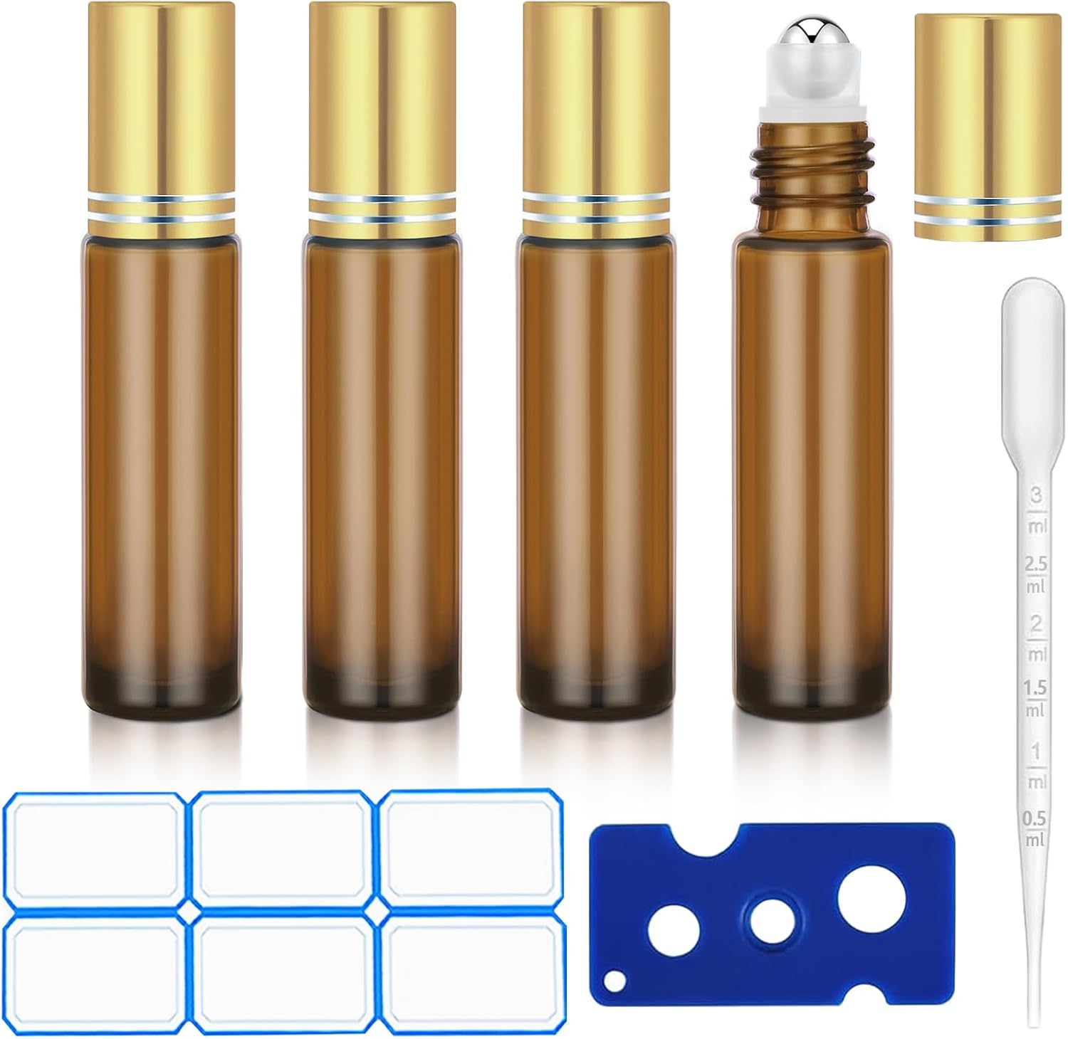 DTDNZKN 4 Pack of 0.34 Oz (10ml) Essential Oil Roller Bottles - Refillable, Leak-proof Amber Glass Roll-on Bottles with Stainless Steel Roller Balls, Metal Caps, and Labels Included