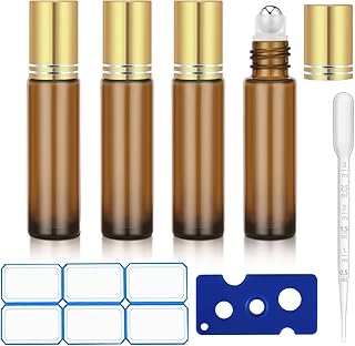 DTDNZKN 4 Pack of 0.34 Oz (10ml) Essential Oil Roller Bottles - Refillable, Leak-proof Amber Glass Roll-on Bottles with Stainless Steel Roller Balls, Metal Caps, and Labels Included