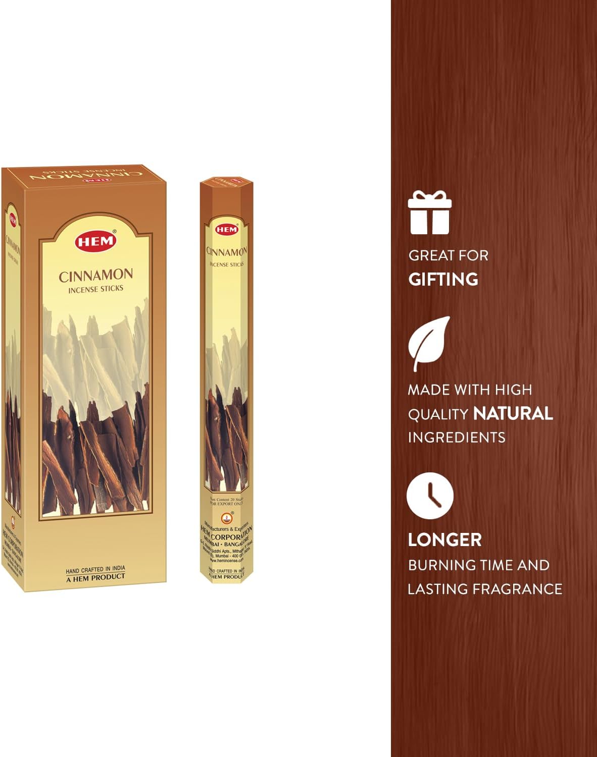 Hem Cinnamon Incense Sticks (120 Sticks, 6 Boxes Inside) - 9 Inches Long, 20g per Box - Perfect for Meditation, Rituals,Cleansing & Yoga.