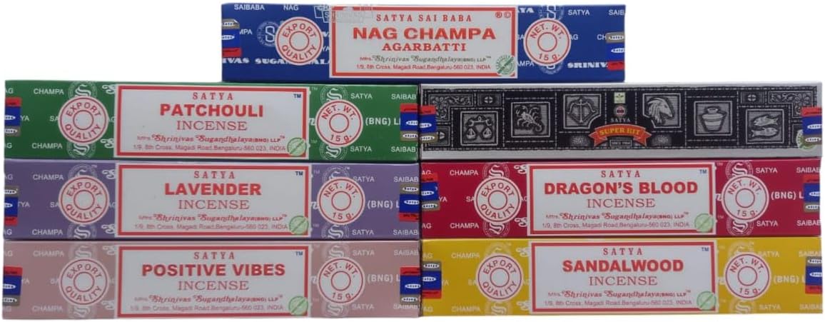 Satya Incense Gift Set Nag Champa, Super hit, Dragon's Blood, Sandalwood, Patchouli, Lavender, Positive Vibes 15gms x 7 Packs | for Meditation, Yoga, Healing, Aromatherapy, Relxation, Spirituality |