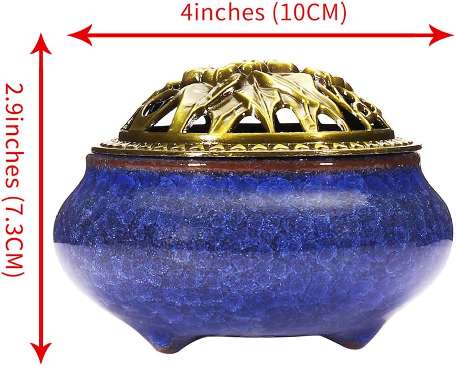 Miupoo Incense Burner and Cone Incense Holder with Brass Incense Stick Holder Ceramic Ash Catcher (Dark Blue)