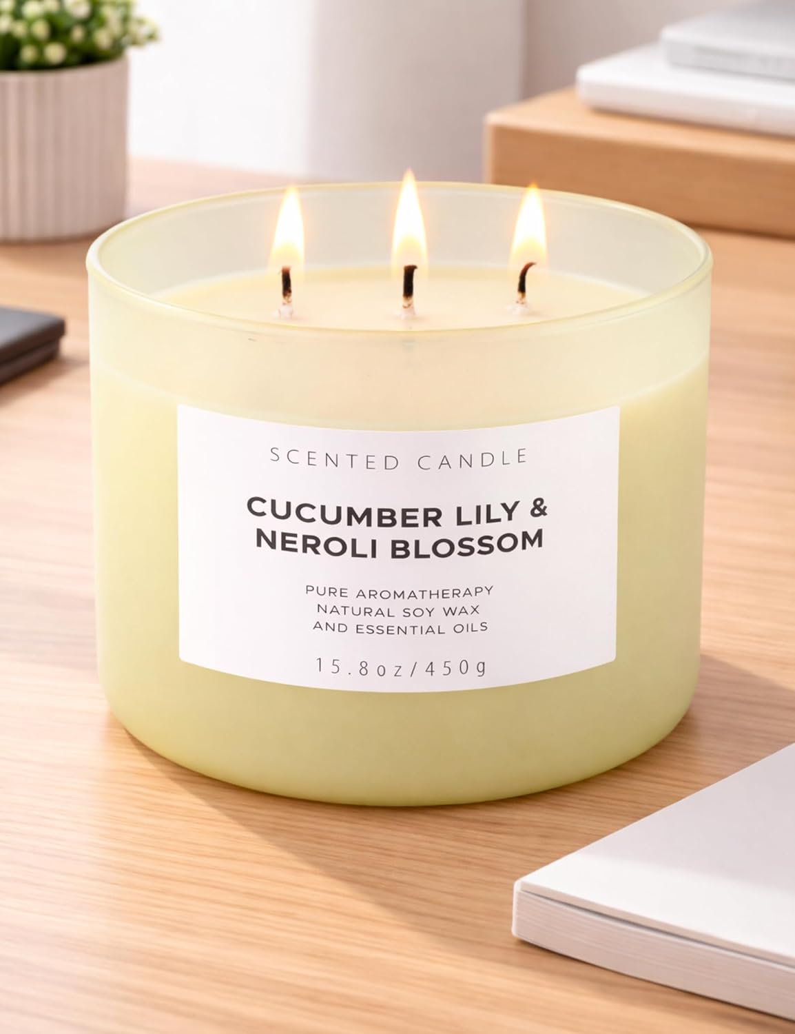 Cucumber Lily Neroli Blossom Candle | 3-Wick Large Soy Candle 15.8 oz | Fresh Cucumber Aromatherapy Candle for Women | Calming Floral Citrus Spa Scent | Long Lasting Clean Burn