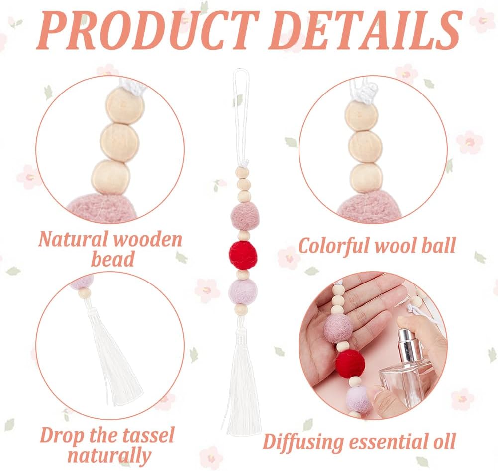 10Pcs Felt Ball Car Diffuser Aromatherapy Essential Oil Car Vent Clip Diffuser Felt Wooden Bead Bohemian Tassels Car Hanging Ornament Clip for Car Air Freshener Vent Diffuser Car Decor Charm