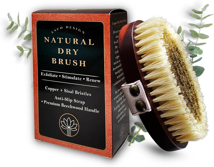 Natural Copper Dry Body Brush – Ionic Body Brush for Skin Exfoliation & Cellulite Reduction – Firm Sisal Copper Bristles & Anti-Slip Strap – Lymphatic Drainage & Glow Boosting Detox