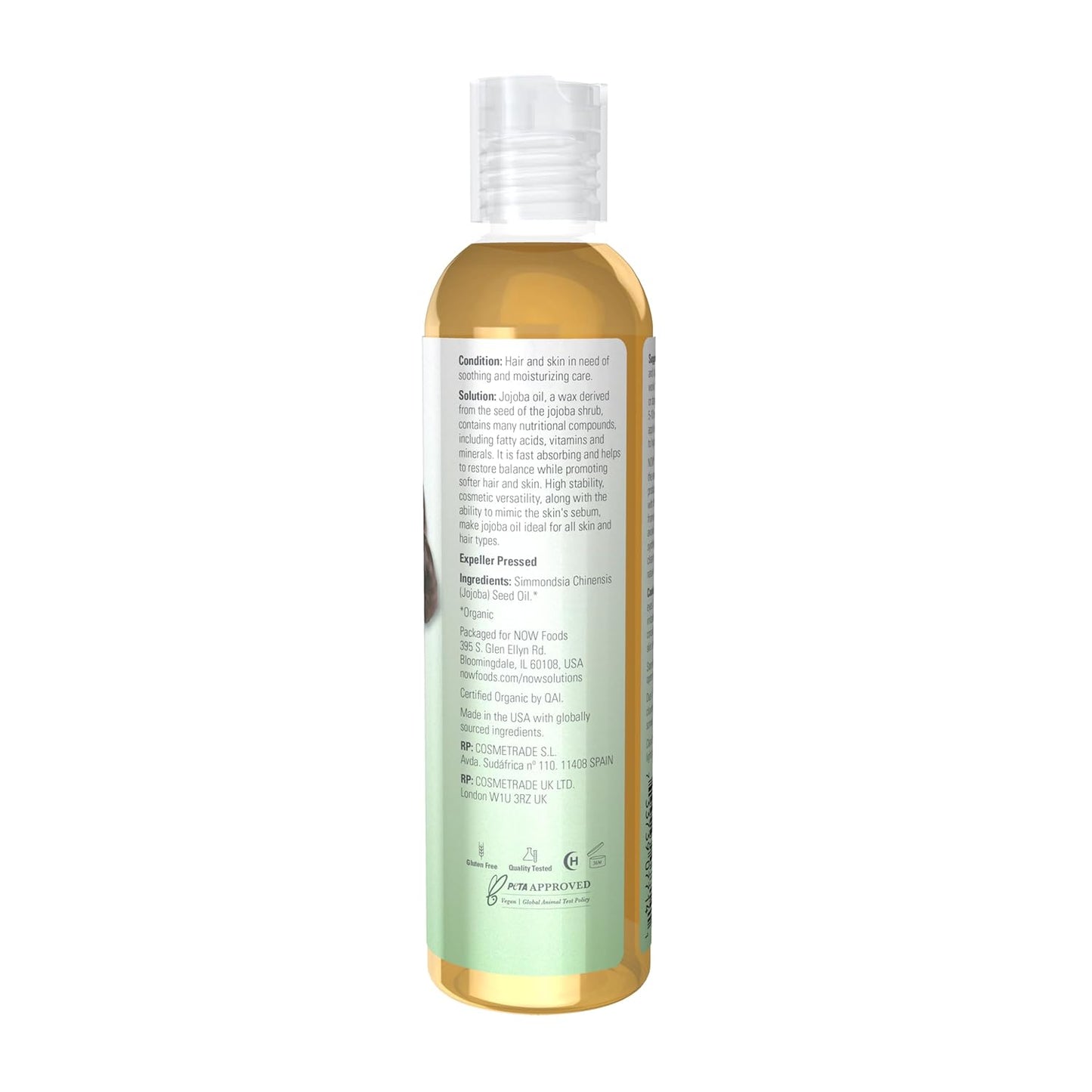 NOW Solutions, Organic Jojoba, Moisturizing Multi-Purpose Oil for Face, Hair and Body, 8-Ounce