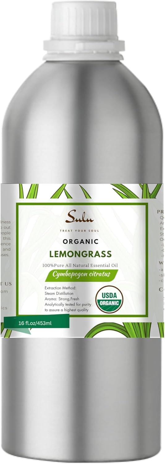 USDA Certified Organic 100% Pure Steam Distilled Essential Oils for Aromatherapy-Skin Care Formulations-All Purpose Household Use- Cruelty Free-Vegan (16 fl.oz, Lemongrass)