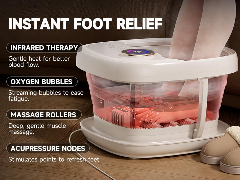 Foot Spa Bath Massager with Heat Bubble，Heating Foot Soaking Tub for Collapsible Foot Bath Bucket with Bubbles, Remote Control，Red Light, Pumice Stone, and Shiatsu Rollers for Gift