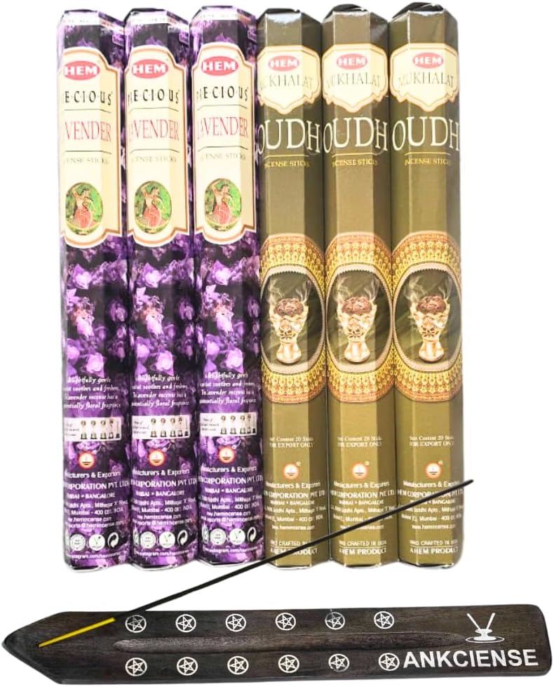 Sandalwood & Vanilla Incense from Hem Bundled with ANKCIENSE Incense Holder Bundle, Variety Pack of 120 Sticks (Lavender & M Oudh)