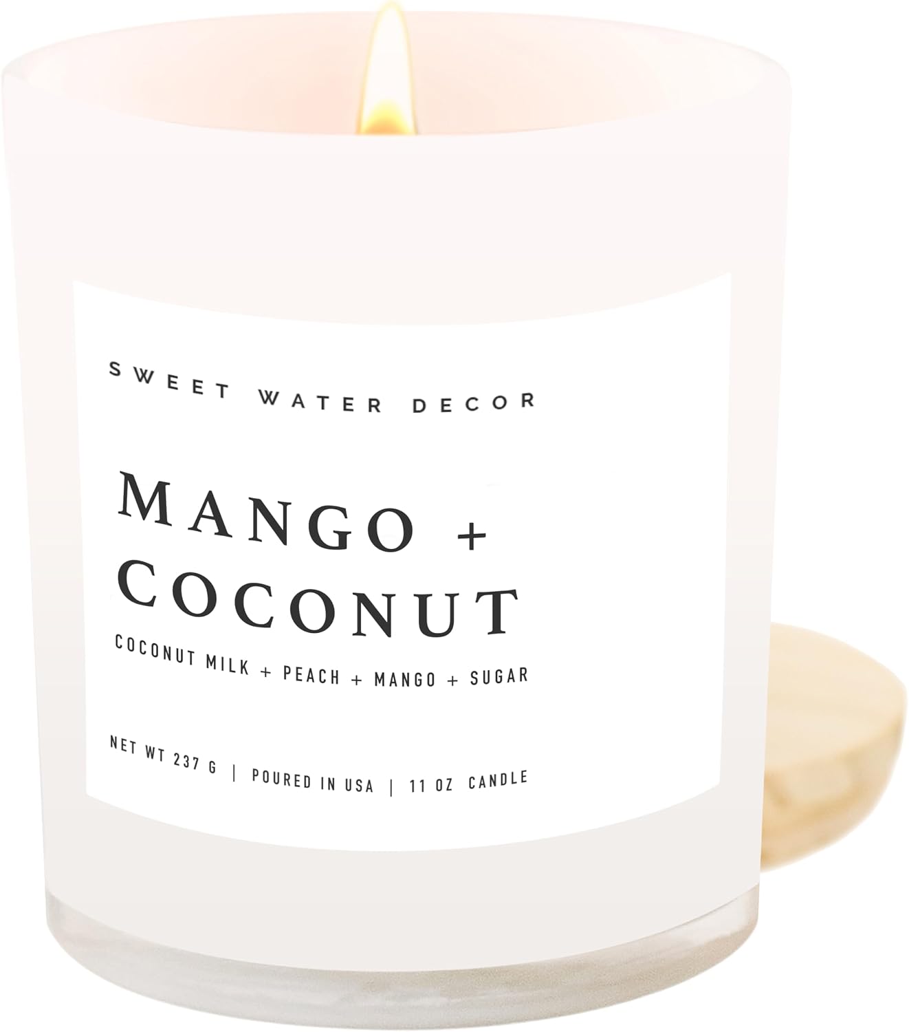 Sweet Water Decor Mango and Coconut Candle - Soy Pineapple, Mango and Orange Scented Summer Candles for Home - 11oz White Glass Jar and Wood Lid, 50+ Hour Burn Time, Made in the USA